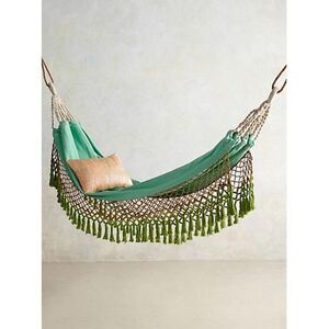Anthropologie Fringe Hammock Cotton Cozy Summer Nature Boho Green Turquoise